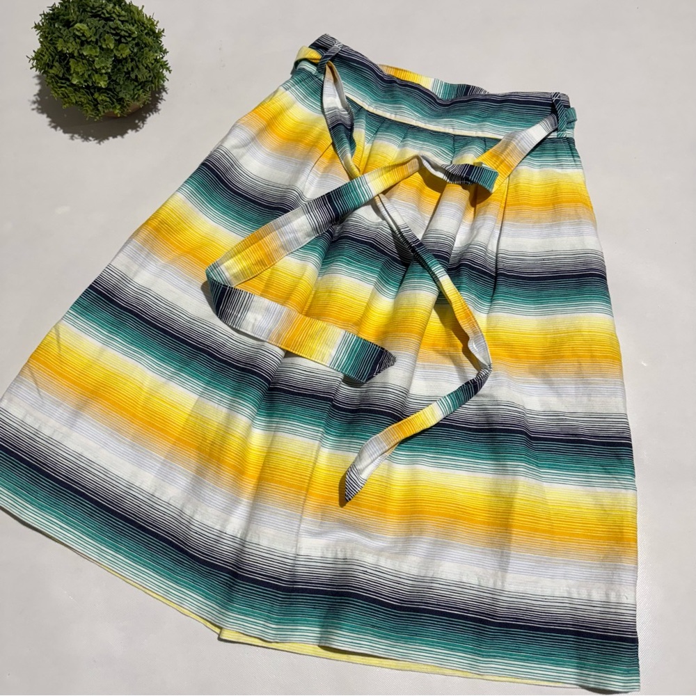 GAP NWOT blue Yellow Striped Linen Cotton Fit Flare Modest‎ Midi Skirt Size 2